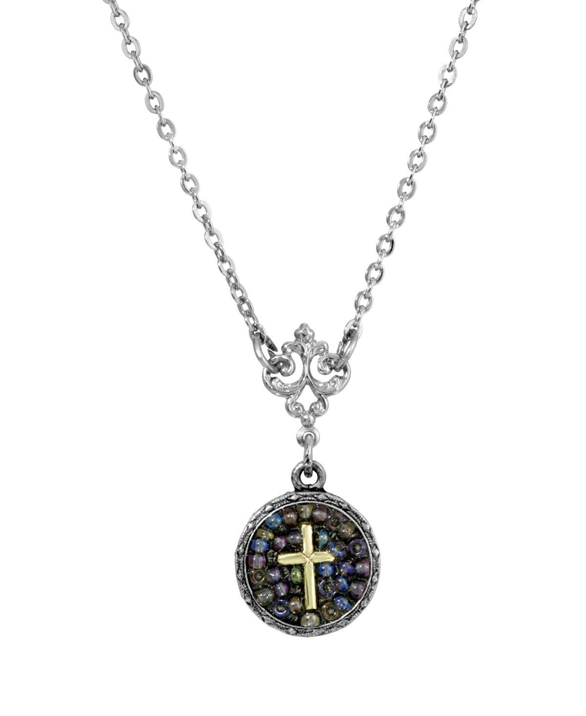 Silver-Tone Carded Multi Color Round Beaded Cross Necklace - Gray