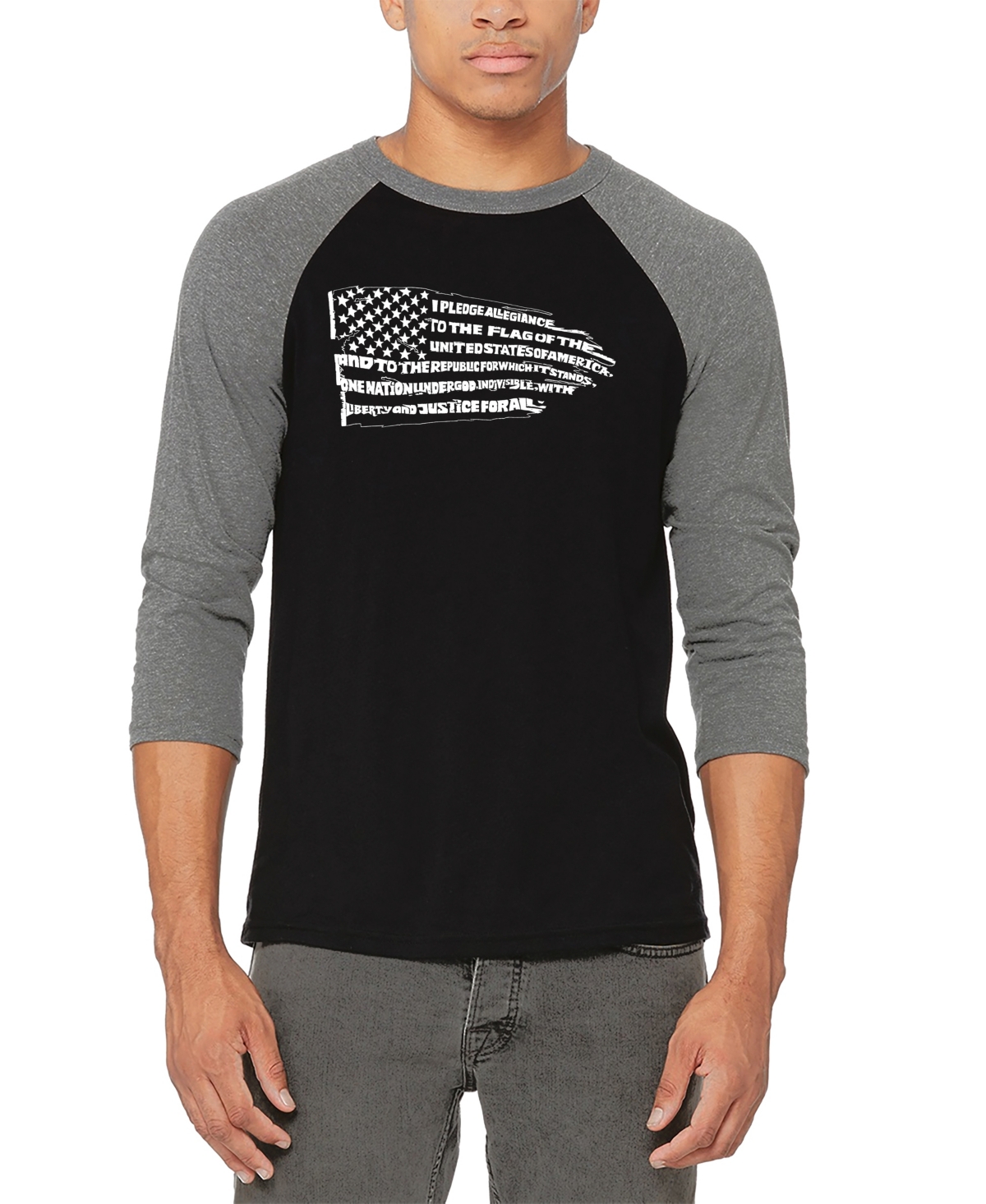 Men's Pledge of Allegiance Flag Raglan Baseball Word Art T-shirt - Gray