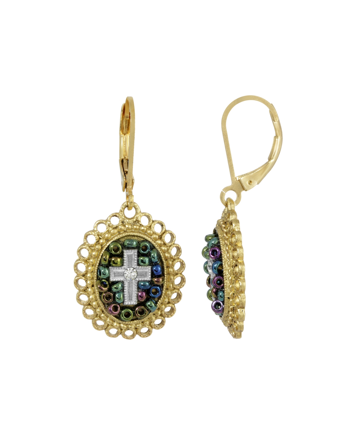 14K Gold Dipped Carded Multi Color Beaded Crystal Cross Euro Wire Earring - White