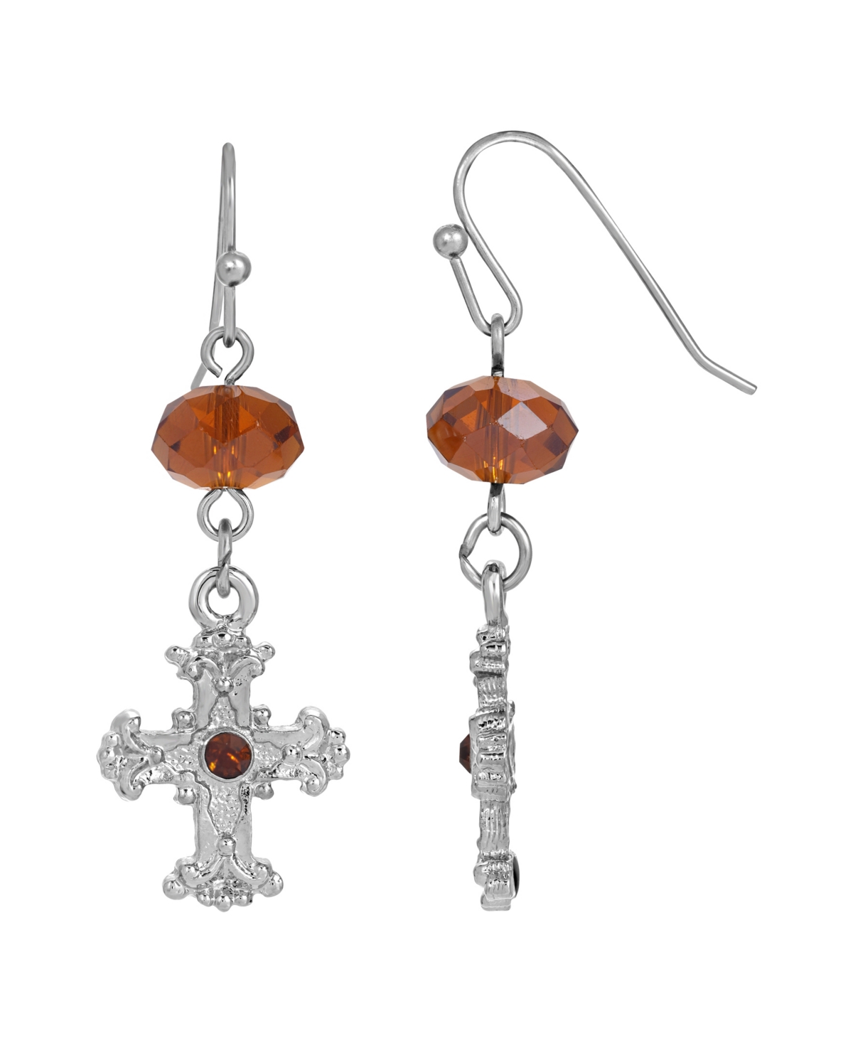 Silver-Tone Brown Crystal Cross Drop Earrings - Brown