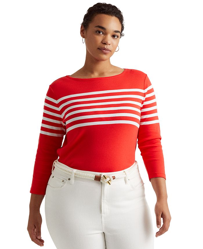 Lauren Ralph Lauren Plus-Size Striped Cotton Boatneck Top - Macy's