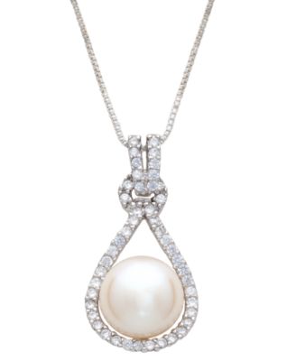 Macy's - Cultured Freshwater Pearl (9mm) & Cubic Zirconia Slip Knot 18" Pendant Necklace in Sterling Silver