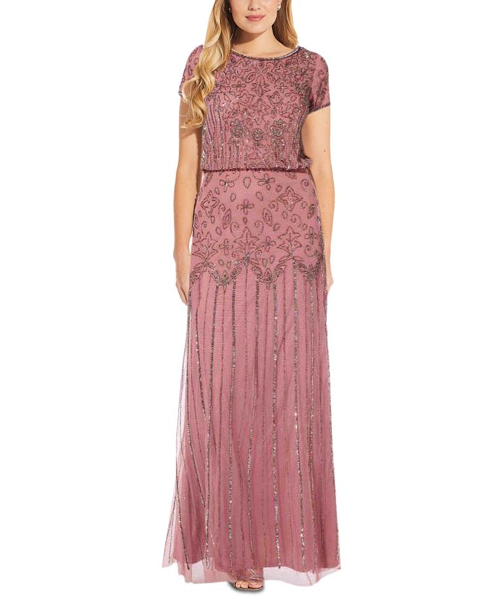 Adrianna Papell Beaded Short-Sleeve Gown & Reviews - Dresses - Women ...