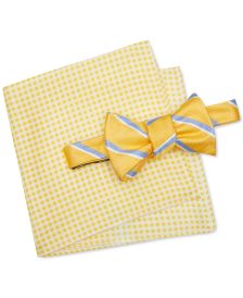 Men's Pre-Tied Preppy Stripe Bow Tie & Silk Gingham Pocket Square Set