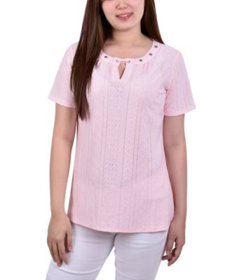 Light Cocoa Eyelet Sleeve Round Neck Knit Top