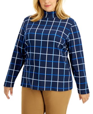 Karen Scott - Plus Size Mary Jane Mock-Neck Windowpane-Print Top