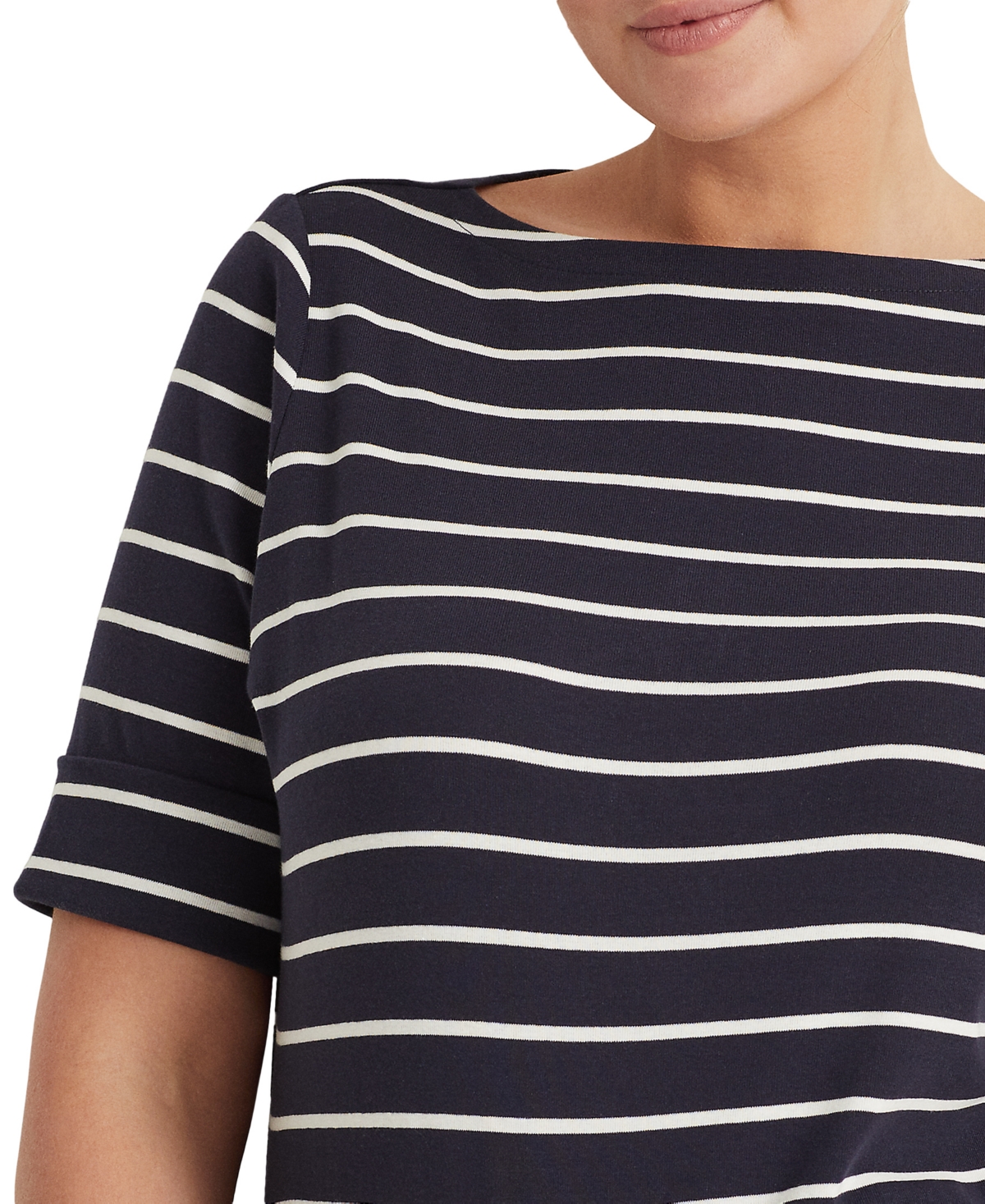 Lauren Ralph Lauren Plus Size Striped Cotton Boatneck T-Shirt -White
