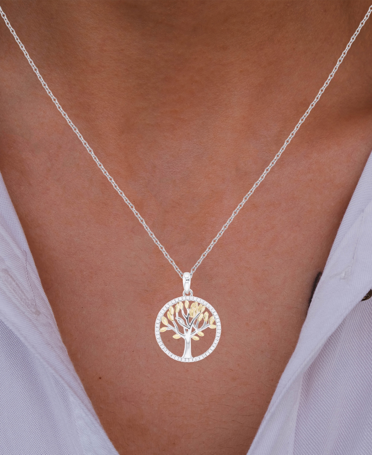 MACY'S CUBIC ZIRCONIA TREE PENDANT NECKLACE IN STERLING SILVER & 14K GOLD-PLATE, 16" + 2" EXTENDER (ALSO IN 
