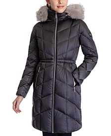 Petite Shine Faux-Fur Hooded Down Puffer Coat, Created for Macy's