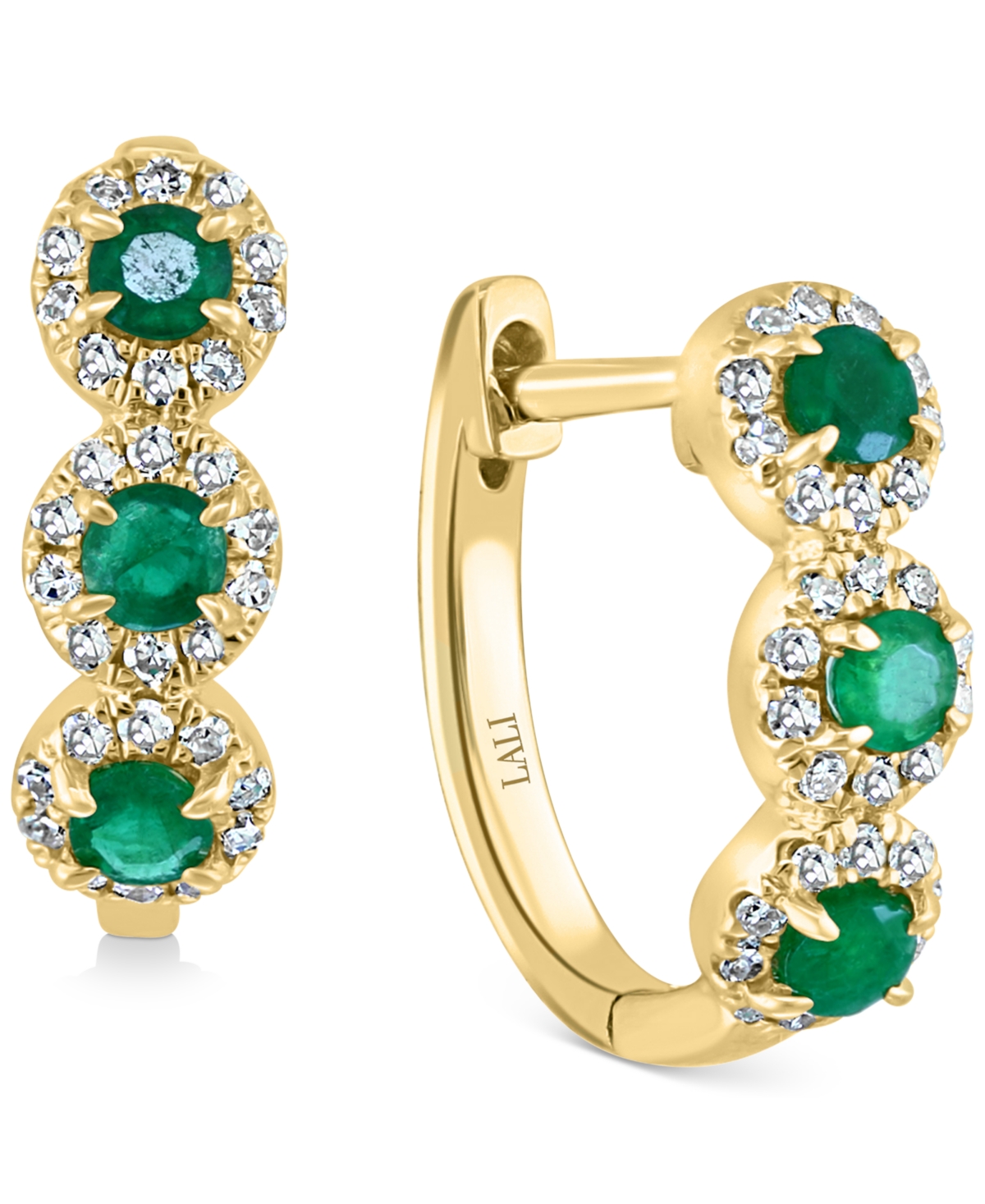 Lali Jewels Emerald (1/3 ct. t.w.) & Diamond (1/5 ct. t.w.) Triple Halo Hoop Earrings in 14k Gold (Also in Rose Gold)