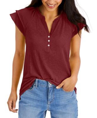 Style & Co Ruffled Split-Neck Top, Created for Macy's - Macy's