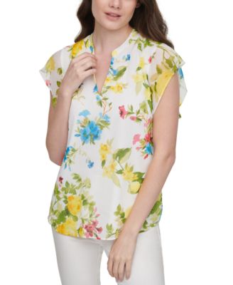 Calvin Klein - Floral-Print Flutter-Sleeve Top