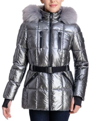 Metallic Belted Hooded Puffer Coat