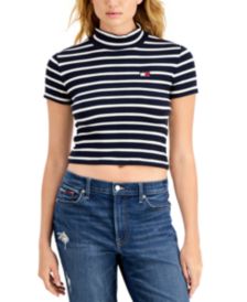 Striped Mock Neck Cropped T-Shirt