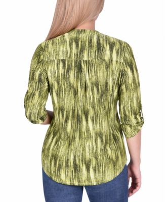 Petite 3/4 Roll Tab Sleeve Y-Neck Top