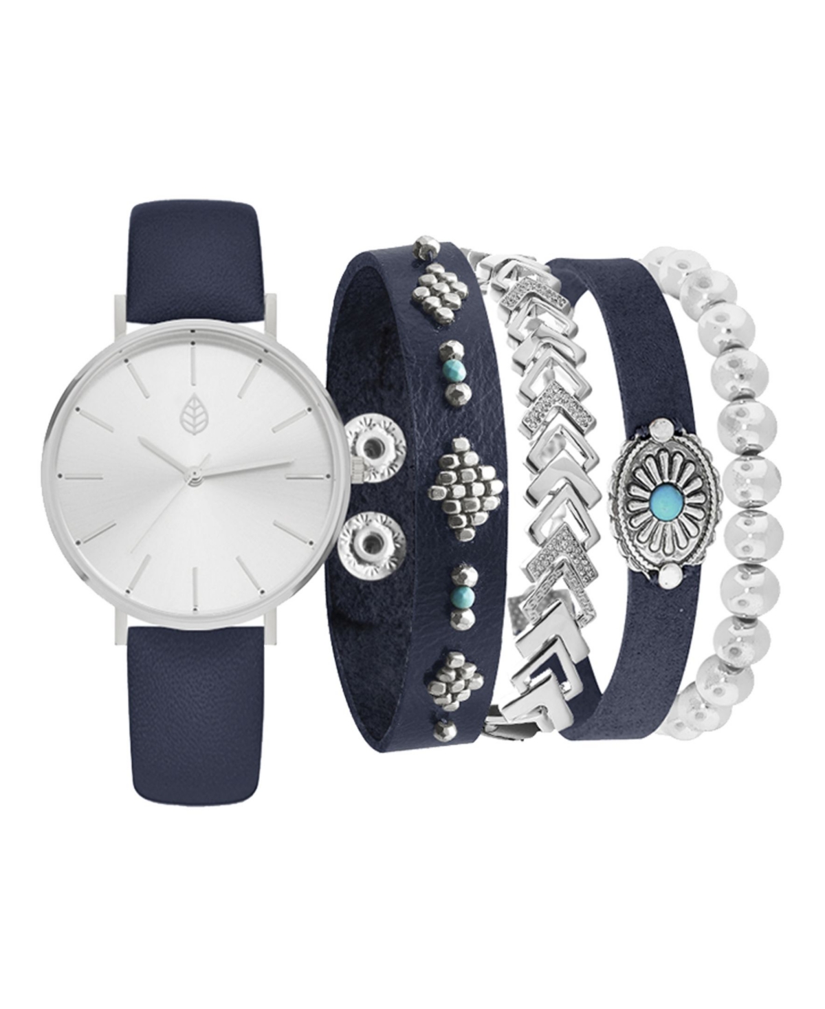 Women's Analog Navy Strap Watch 36mm with Navy and Silver-Tone Bracelets Set - Silver-tone