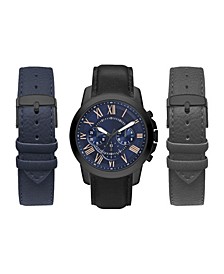 Men's Analog Black Strap Watch 44mm with Black, Gray and Navy Interchangeable Straps Set