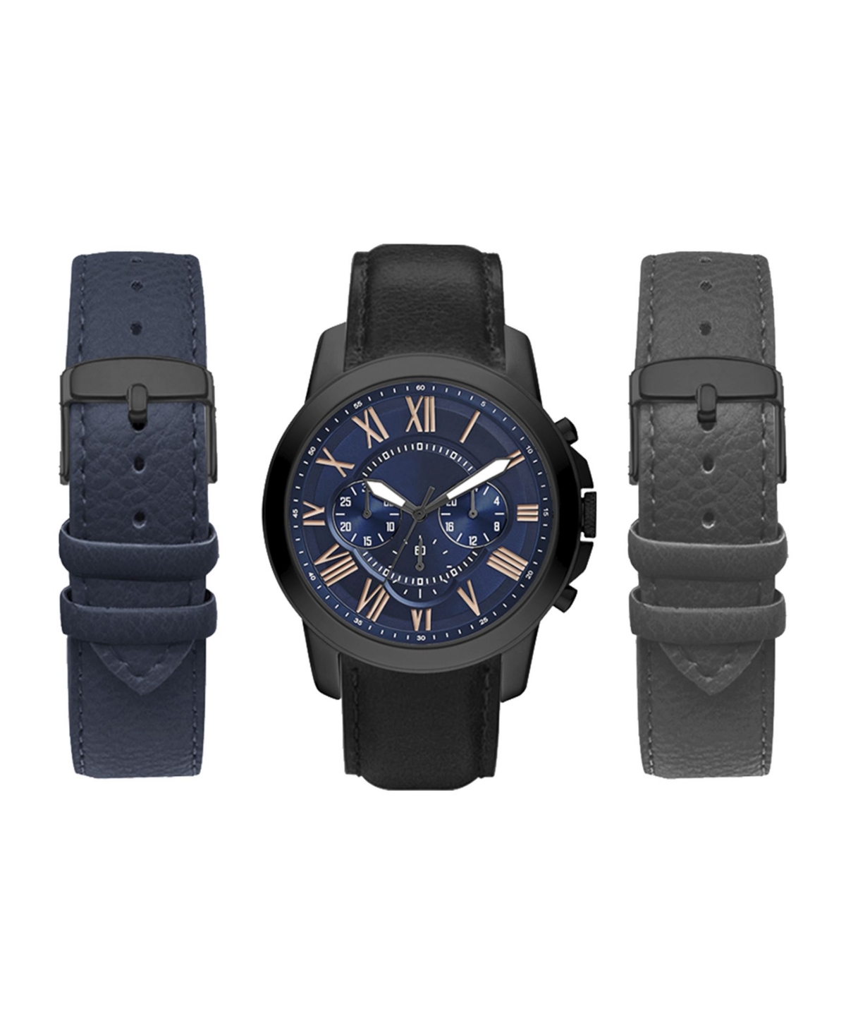 American Exchange Men's Analog Black Strap Watch 44mm with Black, Gray and Navy Interchangeable Straps Set