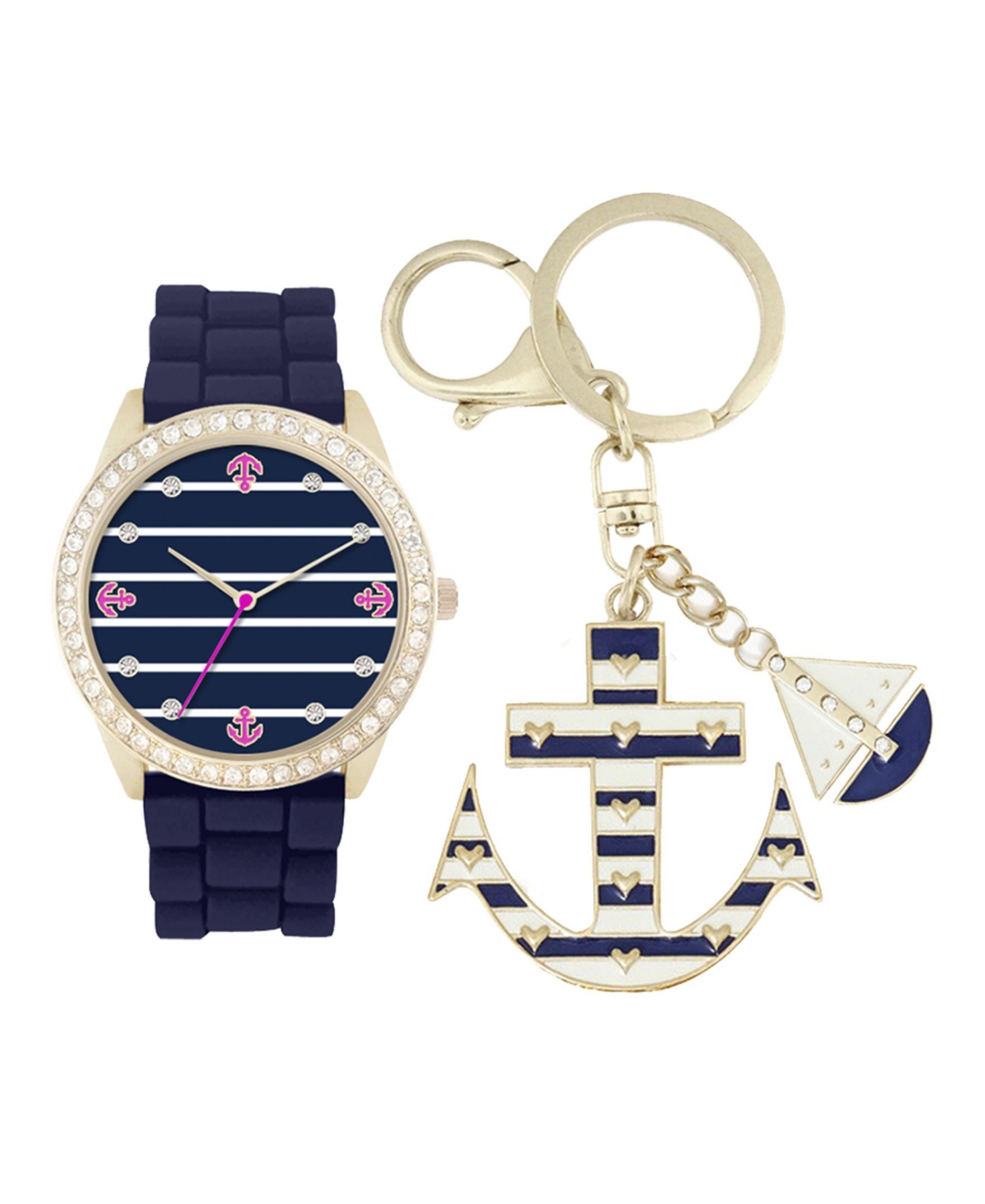 Jessica Carlyle Women's Analog Navy Sailor Strap Watch 34mm with Anchor and Boat Key Chain Cubic Zirconia Gift Set