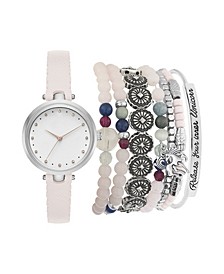 Women's Analog Blush Strap Watch 28mm with Silver-Tone Stackable Bracelets Set