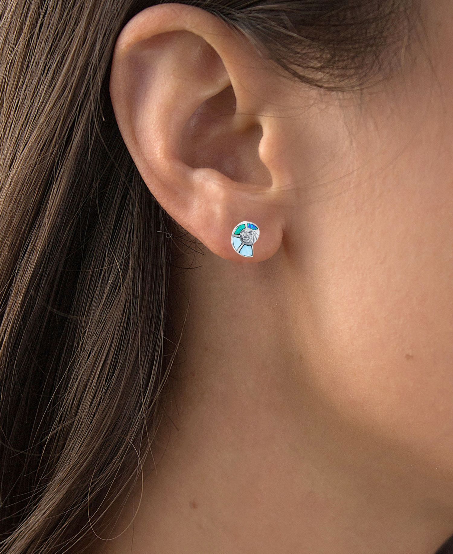 Lab-Grown Blue Opal & Larimar Shell Stud Earrings in Sterling Silver