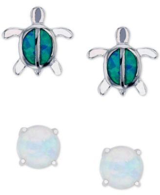 Macy's - 2-Pc. Set Lab-Grown Blue Opal Turtle & Lab-Grown Opal Stud Earrings (1/3 ct. t.w.) in Sterling Silver