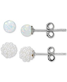 Children's 2-Pc. Set White Opal (4mm) & Imitation Pearl Stud Earrings in Sterling Silver