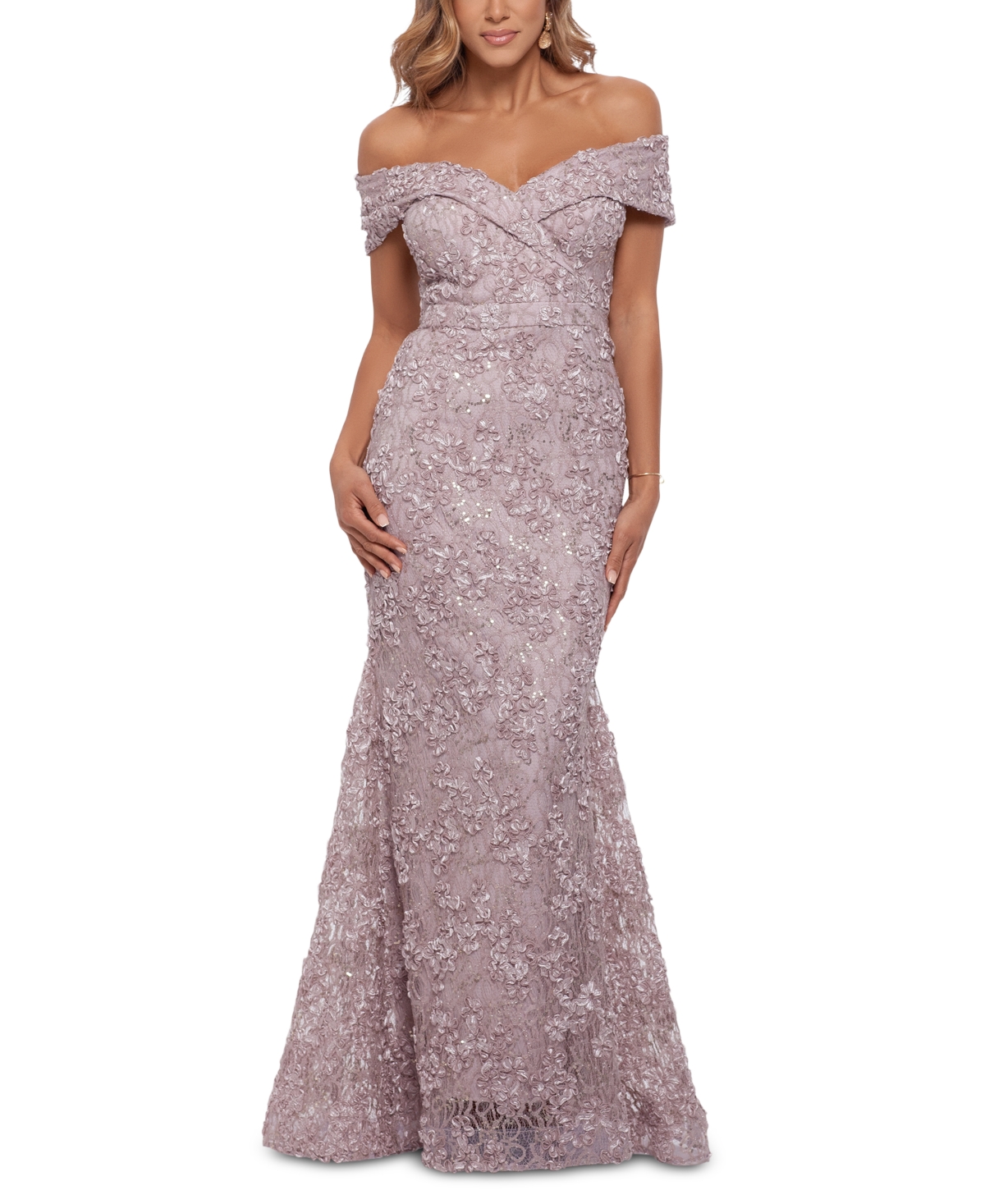 Shop Xscape Off-the-shoulder Lace Gown In Taupe