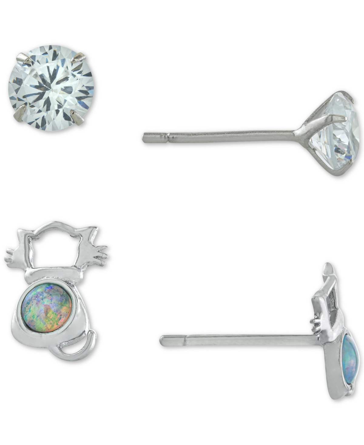2-Pc. Set Cubic Zirconia & Simulated Opal Cat Stud Earrings in Sterling Silver, Created for Macy's - Sterling Silver