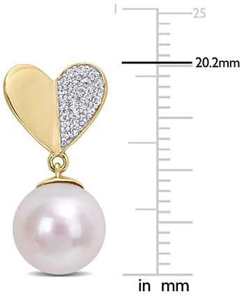 Macy's - Cultured Freshwater Pearl (8-1/2mm) & Diamond (1/6 ct. t.w.) Heart Drop Earrings in 14k Gold