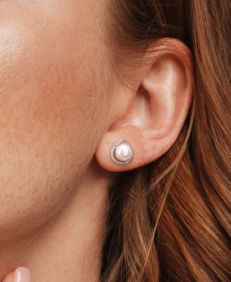 Cultured Freshwater Pearl (8mm) & Diamond Accent Stud Earrings in Sterling Silver