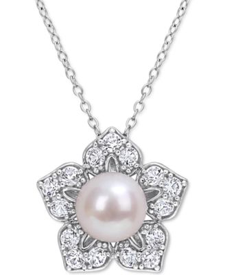 Macy's - Cultured Freshwater Pearl (8-1/2mm) & Lab-Grown White Sapphire (1-1/3 ct. t.w.) Flower 18" Pendant Necklace in Sterling Silver