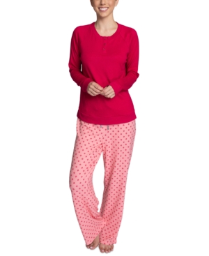 Muk Luks Plus Size Henley Top & Printed Pajama Pants Set In Wine Dot
