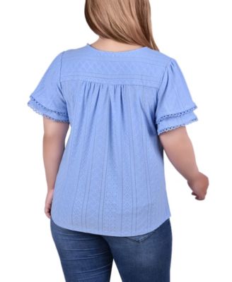 Plus Size Double Flutter Sleeve Knit Eyelet Top