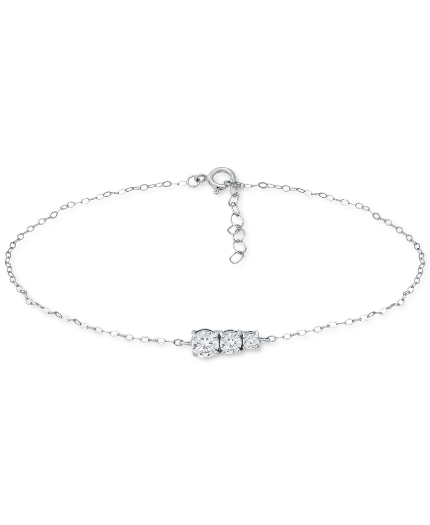 Cubic Zirconia Graduated Three Stone Chain Link Ankle Bracelet in Sterling Silver