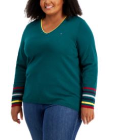 Plus Size Cotton Striped-Trim Sweater