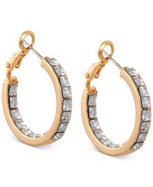 Gold-Tone Small Square Crystal Studded Hoop Earrings, 1" 