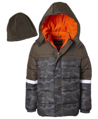 Big Boys Camouflage Puffer Jacket with Fleece Hat Set, 2 Piece