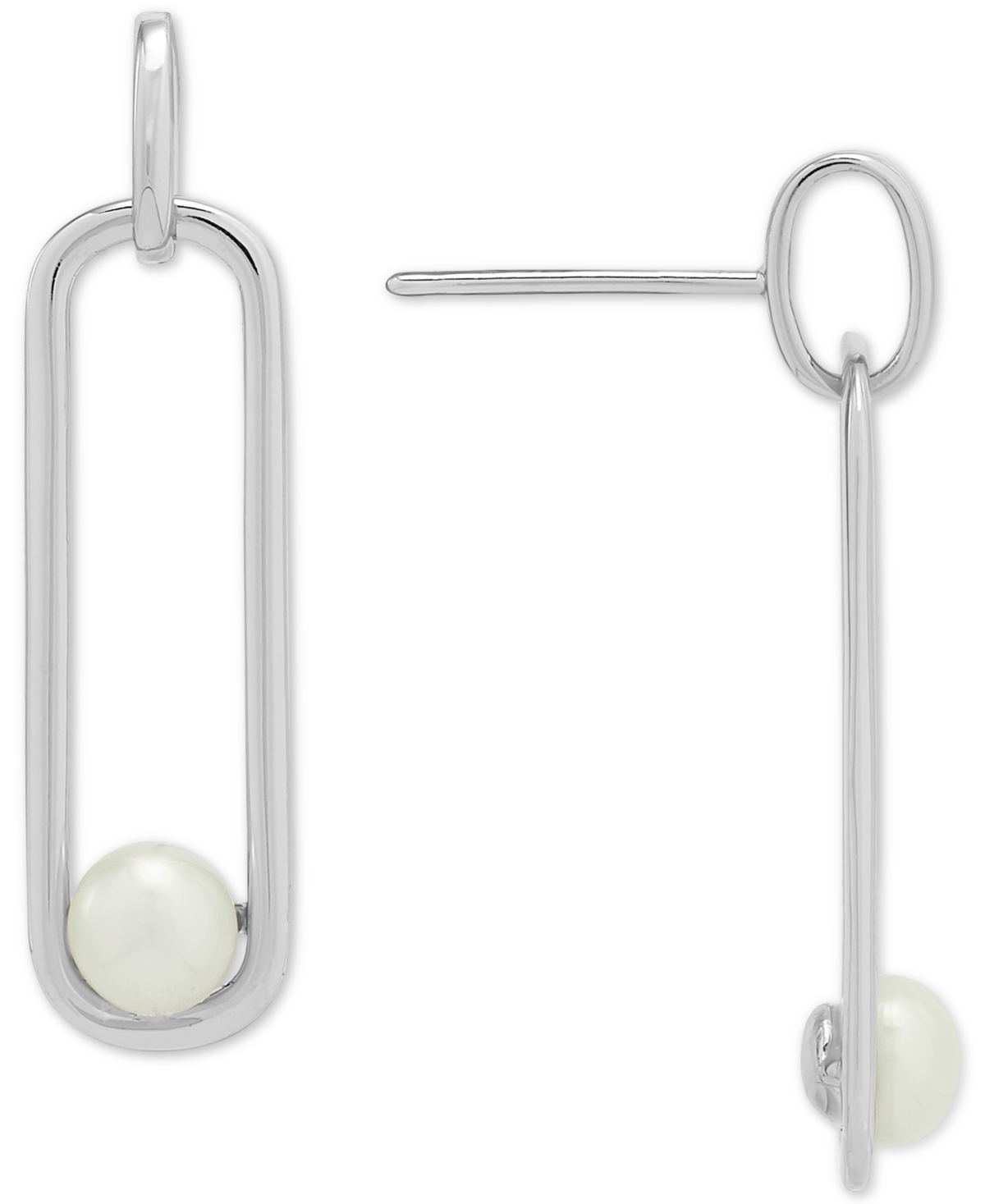 Cultured Freshwater Button Pearl (5mm) Paperclip Drop Earrings in Sterlingor 14K Yellow Gold Over- Silver