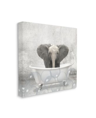 Baby Elephant Bath Time Cute Animal Design Stretched Canvas Wall Art, 24" x 24"