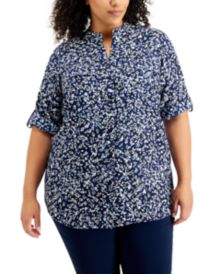 Plus Size Printed Roll-Tab-Sleeves Shirt