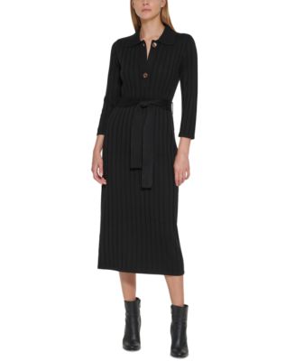 Calvin Klein Collared Ribbed-Knit Sweater Dress - Macy's
