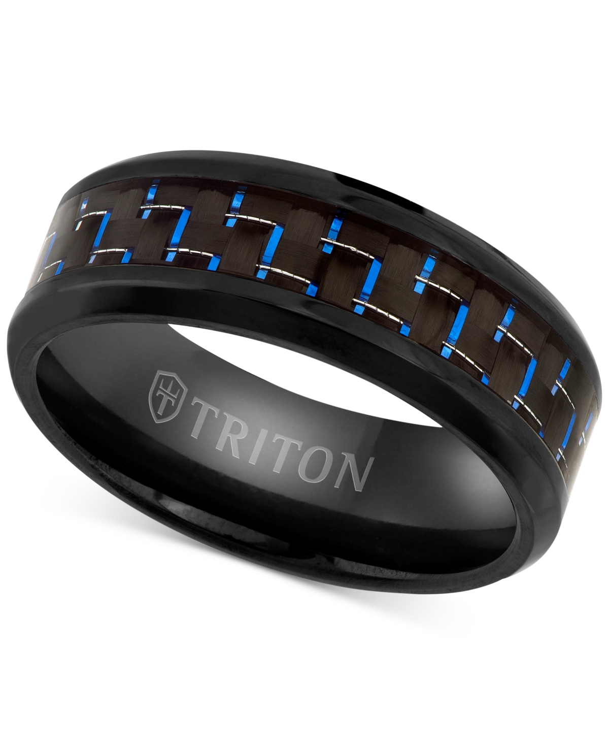 Men's Blue Carbon Fiber Inlay Comfort Fit Band in Black Titanium - Black Titanium