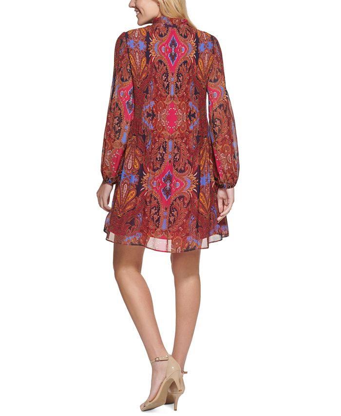 Vince Camuto Printed Chiffon Tie-Neck Pleated Dress - Macy's