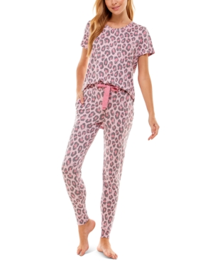 Shop Roudelain Scoop Neck T-shirt & Jogger Pants Pajama Set In Fierce Cat Cameo Pink