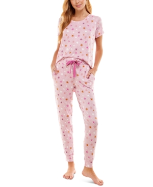 Shop Roudelain Scoop Neck T-shirt & Jogger Pants Pajama Set In Sky Dance Stars Cameo Pink