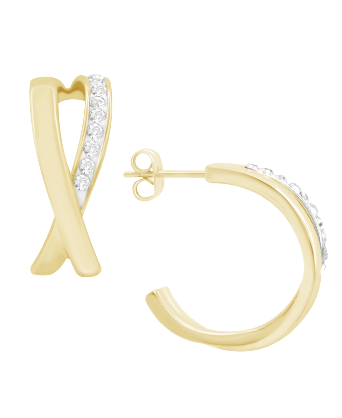 Essentials High Polished Clear Crystal Cross Over C Hoop Earring, Gold Plate and Silver Plate - Gold-Tone