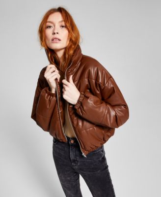 cropped faux leather puffer jacket