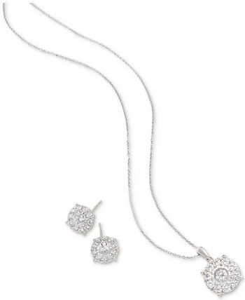 Macy's - 2-Pc. Diamond (1 ct. t.w.) Halo 18" Pendant Necklace & Matching Stud Earring Set in 14k Gold