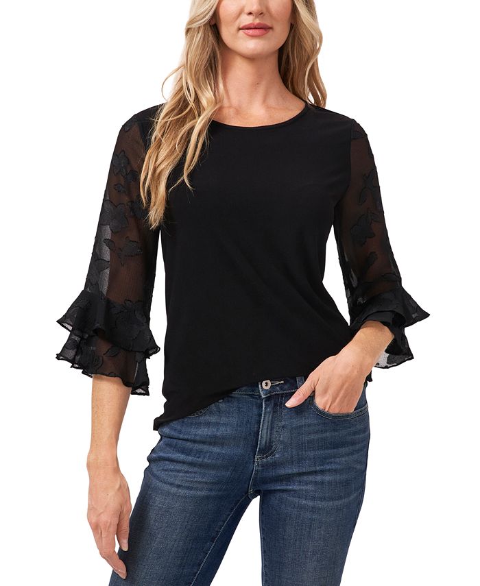 Cece Womens Mixed Media Ruffled Sleeve Knit Top And Reviews Tops Women Macys 